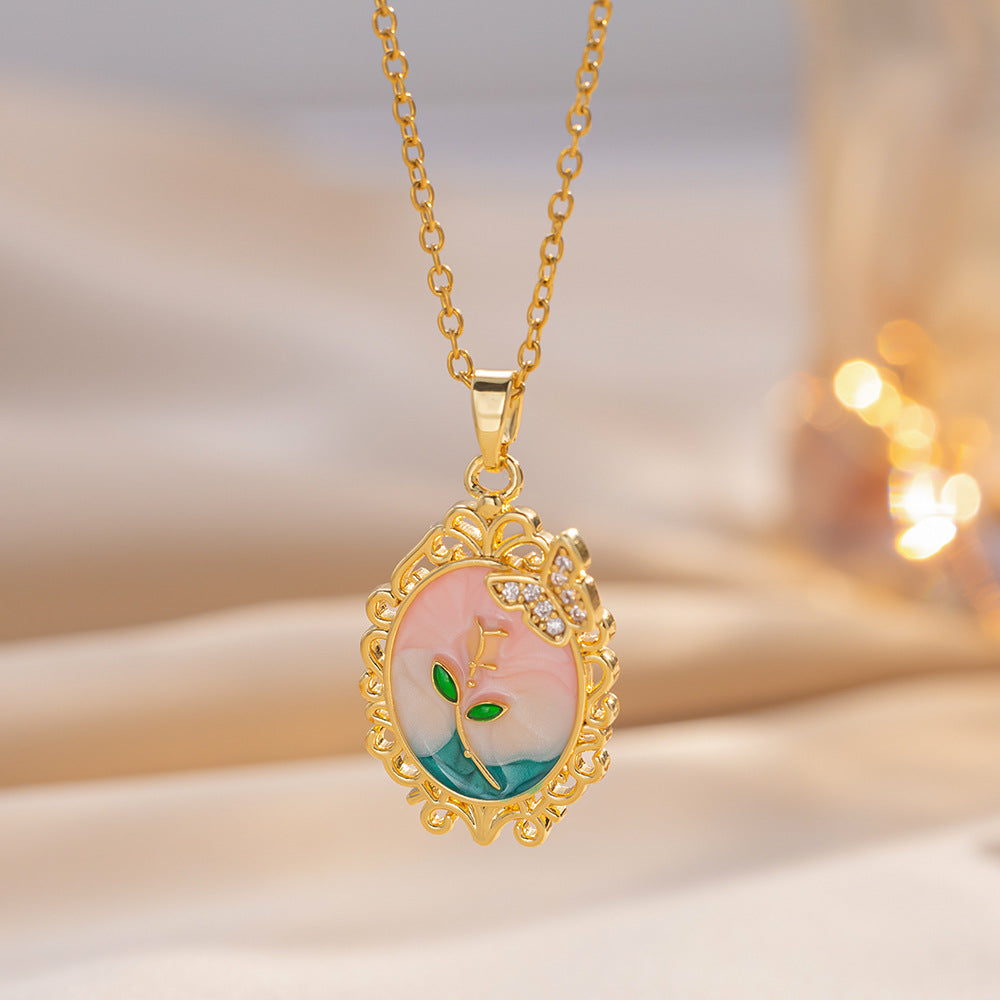 Rose Oval Lace Butterfly Clavicle Necklace